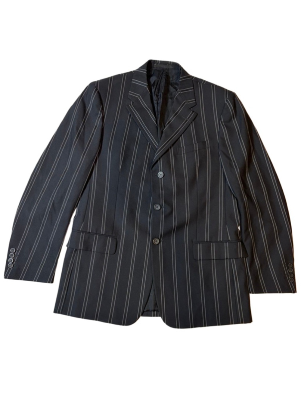 Versace Black Pinstripe Blazer 52R Wool Italy Medusa Logo Classic Tailored